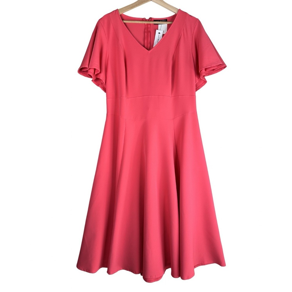 Lane Bryant Women's Pink Solid V-Neck Flutter Sleeve Bow Waist Dress 18 NWT